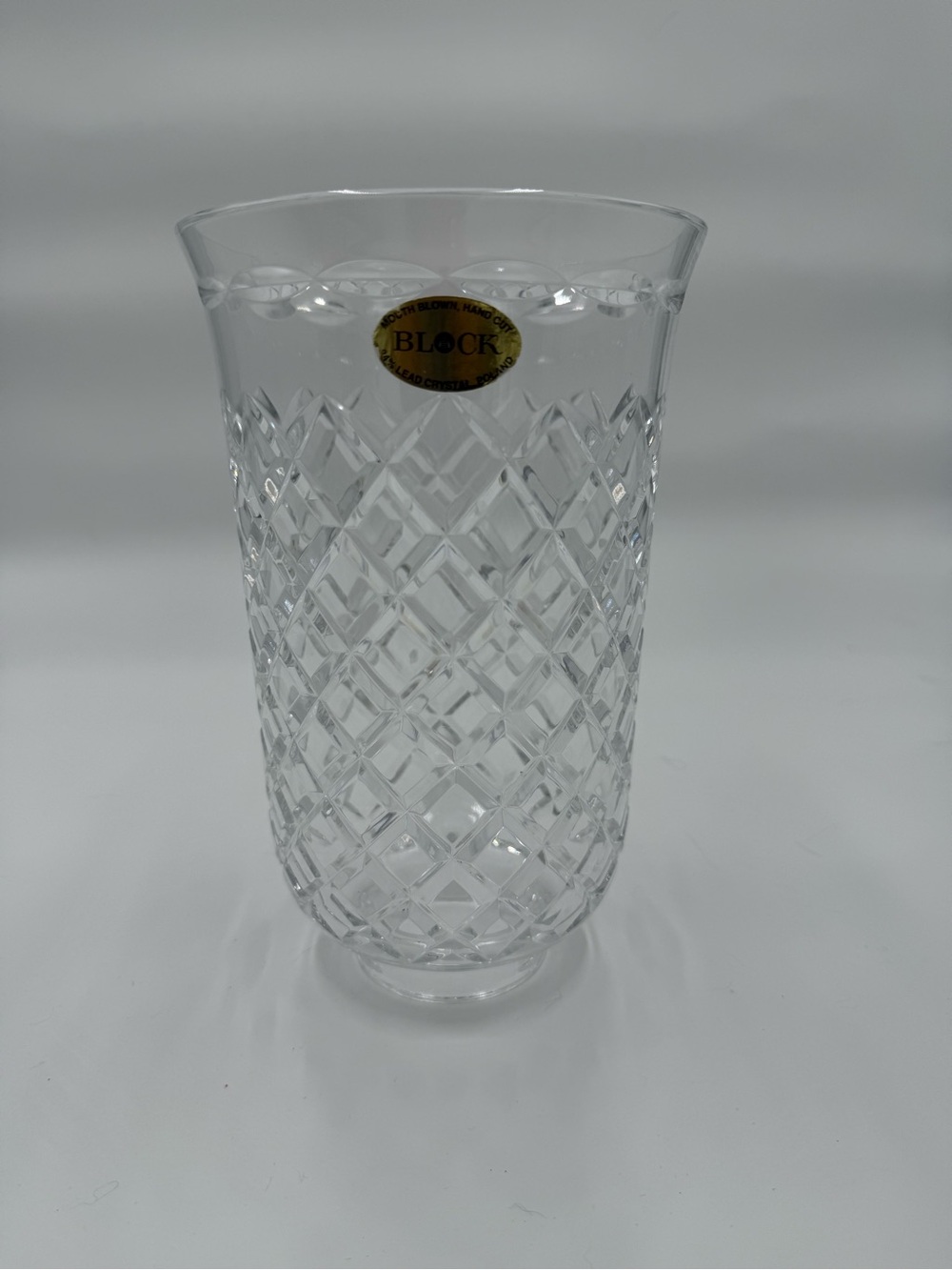 BLOCK Hand Blown Hand Cut Lead Crystal Vase 8" Diamond Pattern Poland‎